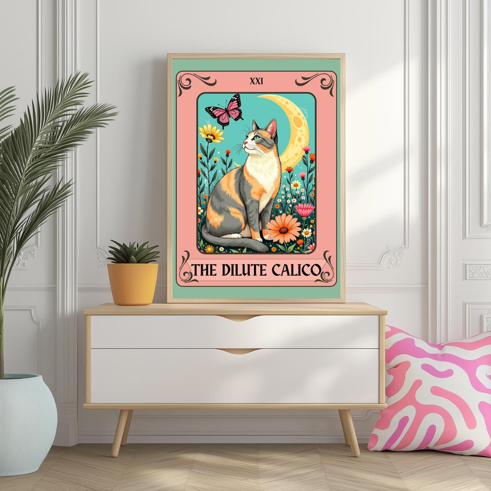 Dilute Calico Cat Tarot Card – Botanical Cat Wall Art Boho Cat Lover Gift Dilute Calico Wall Art