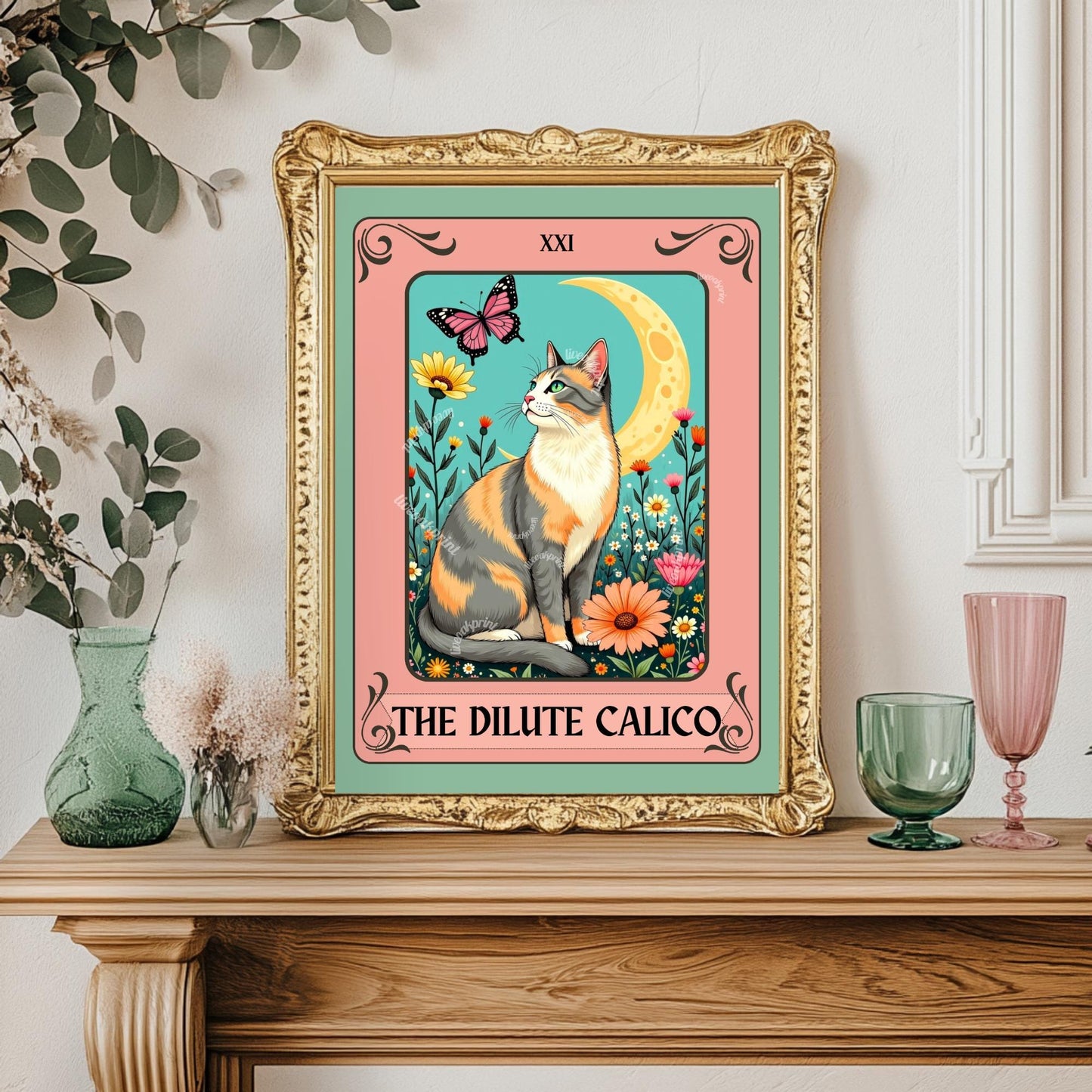 Dilute Calico Cat Tarot Card – Botanical Cat Wall Art Boho Cat Lover Gift Dilute Calico Wall Art