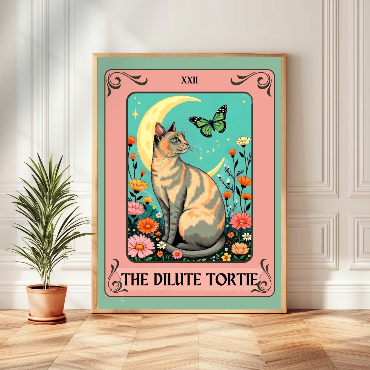 Dilute Tortie Cat Tarot Card – Dilute Tortoiseshell Cat Wall Art Botanical Cat Wall Art Boho Cat Lover Gift Wall Art Dilute Tortie Art Print