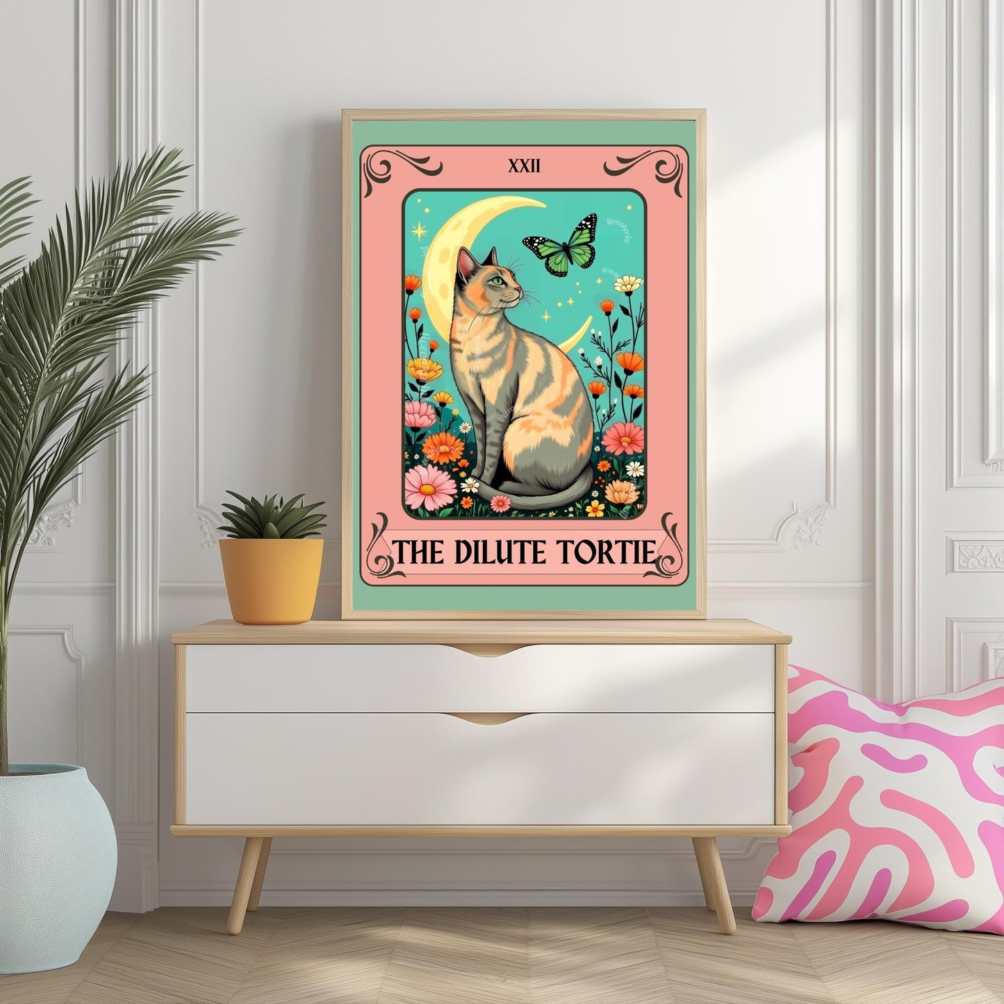 Dilute Tortie Cat Tarot Card – Dilute Tortoiseshell Cat Wall Art Botanical Cat Wall Art Boho Cat Lover Gift Wall Art Dilute Tortie Art Print