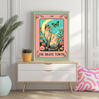 Dilute Tortie Cat Tarot Card – Dilute Tortoiseshell Cat Wall Art Botanical Cat Wall Art Boho Cat Lover Gift Wall Art Dilute Tortie Art Print