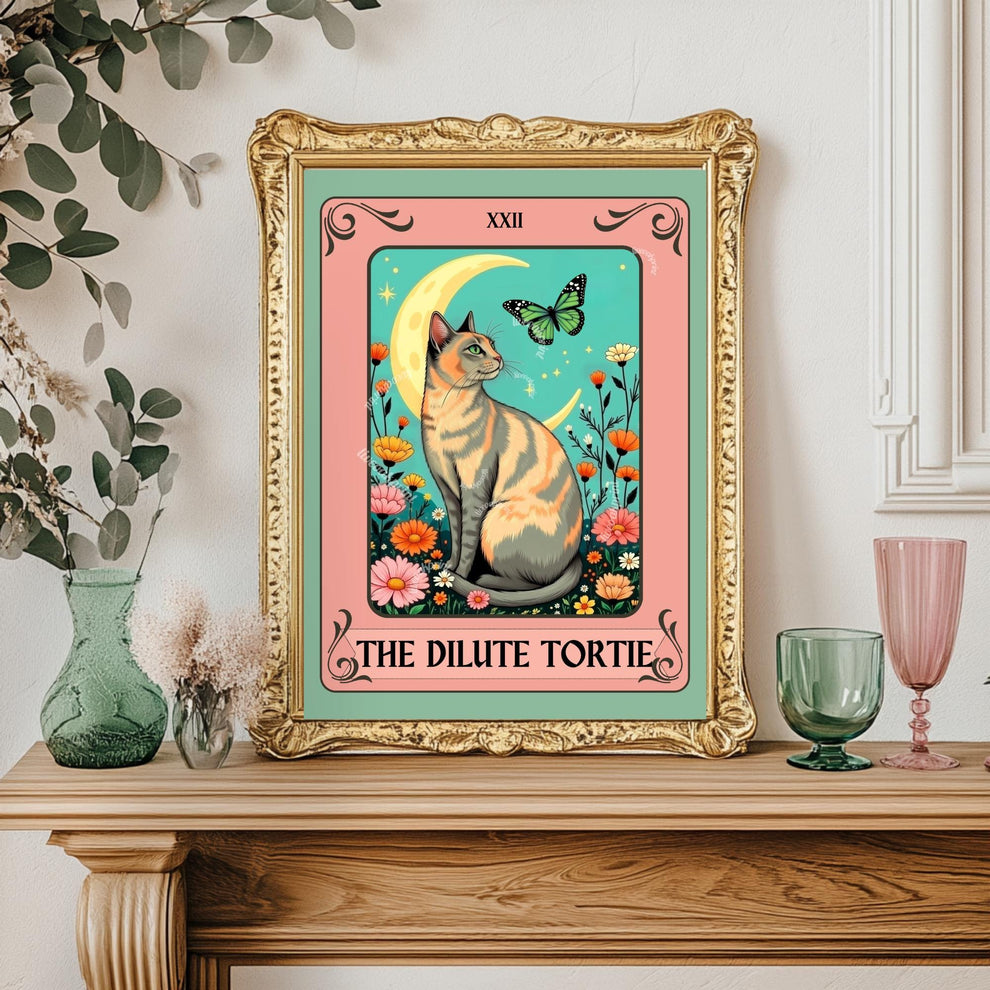 Dilute Tortie Cat Tarot Card – Dilute Tortoiseshell Cat Wall Art Botanical Cat Wall Art Boho Cat Lover Gift Wall Art Dilute Tortie Art Print