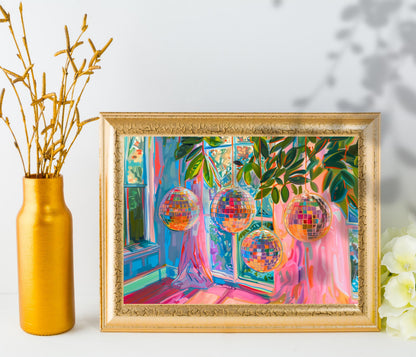 Horizontal Blue and Pink Disco Balls Print - Horizontal Disco Wall Art Maximalist Art Print for Over Couch or Over Bed Colorful
