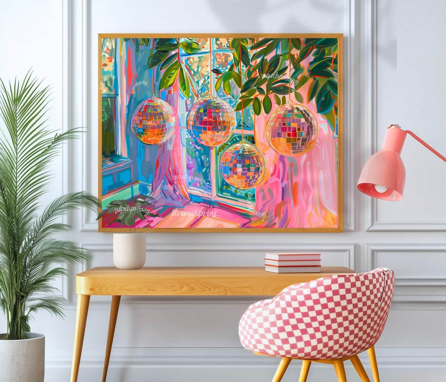 Horizontal Blue and Pink Disco Balls Print - Horizontal Disco Wall Art Maximalist Art Print for Over Couch or Over Bed Colorful