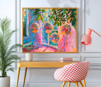 Horizontal Blue and Pink Disco Balls Print - Horizontal Disco Wall Art Maximalist Art Print for Over Couch or Over Bed Colorful