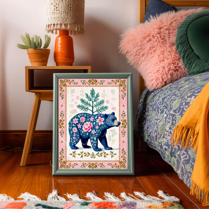 Bear Wall Decor - Boho Bear Art Print Modern Rustic Wall Decor Modern Cabin Wall Art Woodland Animal Nursery Print Pink and Blue Bear Art
