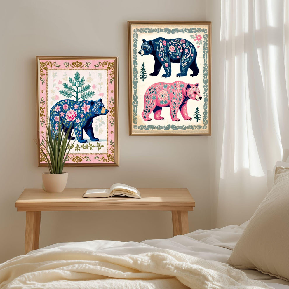 Bear Wall Decor - Boho Bear Art Print Modern Rustic Wall Decor Modern Cabin Wall Art Woodland Animal Nursery Print Pink and Blue Bear Art