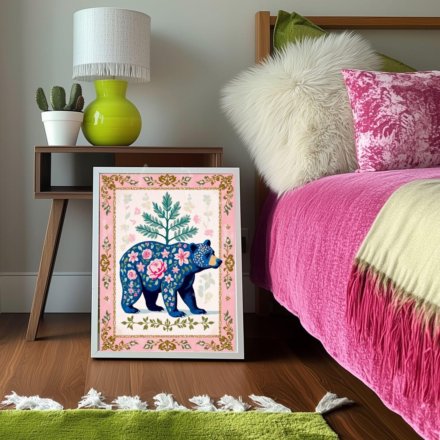 Bear Wall Decor - Boho Bear Art Print Modern Rustic Wall Decor Modern Cabin Wall Art Woodland Animal Nursery Print Pink and Blue Bear Art