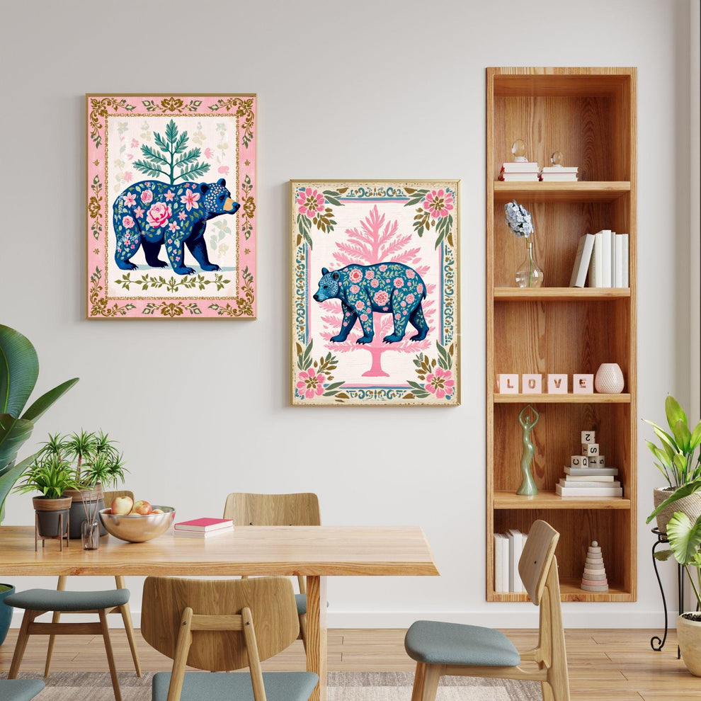Boho Floral Bear Art Print Set – Pink and Blue Bear Art Modern Farmhouse Wall Art Woodland Animal Forest Wall Art Nursery Wall Decor Bear