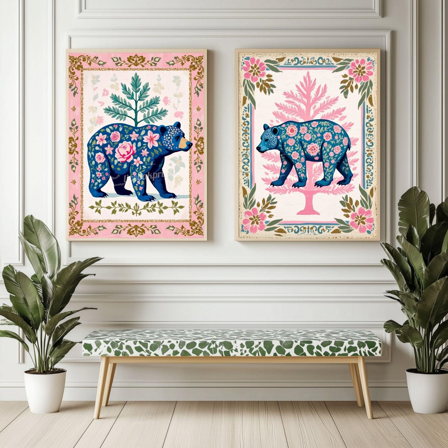 Boho Floral Bear Art Print Set – Pink and Blue Bear Art Modern Farmhouse Wall Art Woodland Animal Forest Wall Art Nursery Wall Decor Bear