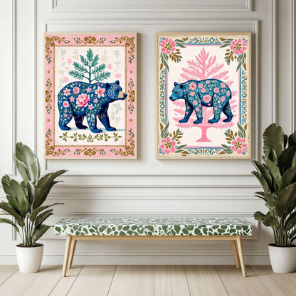 Boho Floral Bear Art Print Set – Pink and Blue Bear Art Modern Farmhouse Wall Art Woodland Animal Forest Wall Art Nursery Wall Decor Bear
