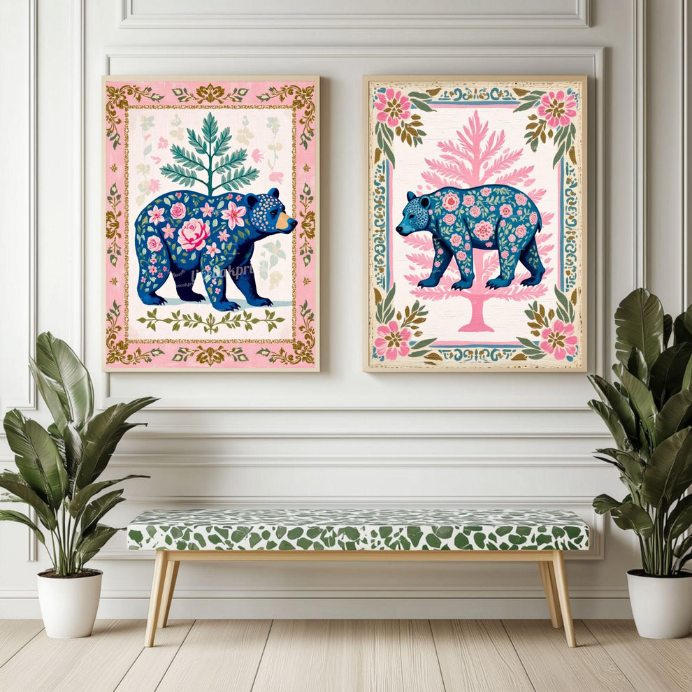 Boho Floral Bear Art Print Set – Pink and Blue Bear Art Modern Farmhouse Wall Art Woodland Animal Forest Wall Art Nursery Wall Decor Bear