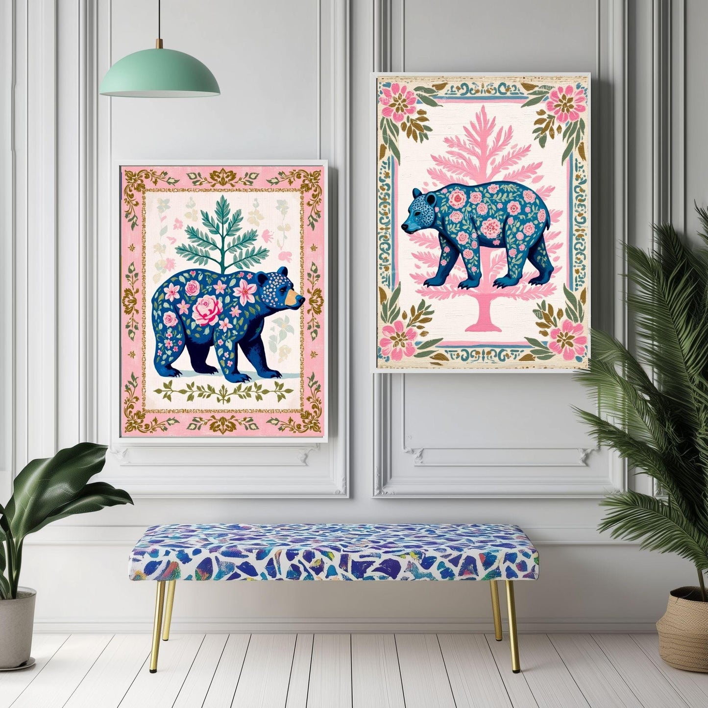 Boho Floral Bear Art Print Set – Pink and Blue Bear Art Modern Farmhouse Wall Art Woodland Animal Forest Wall Art Nursery Wall Decor Bear