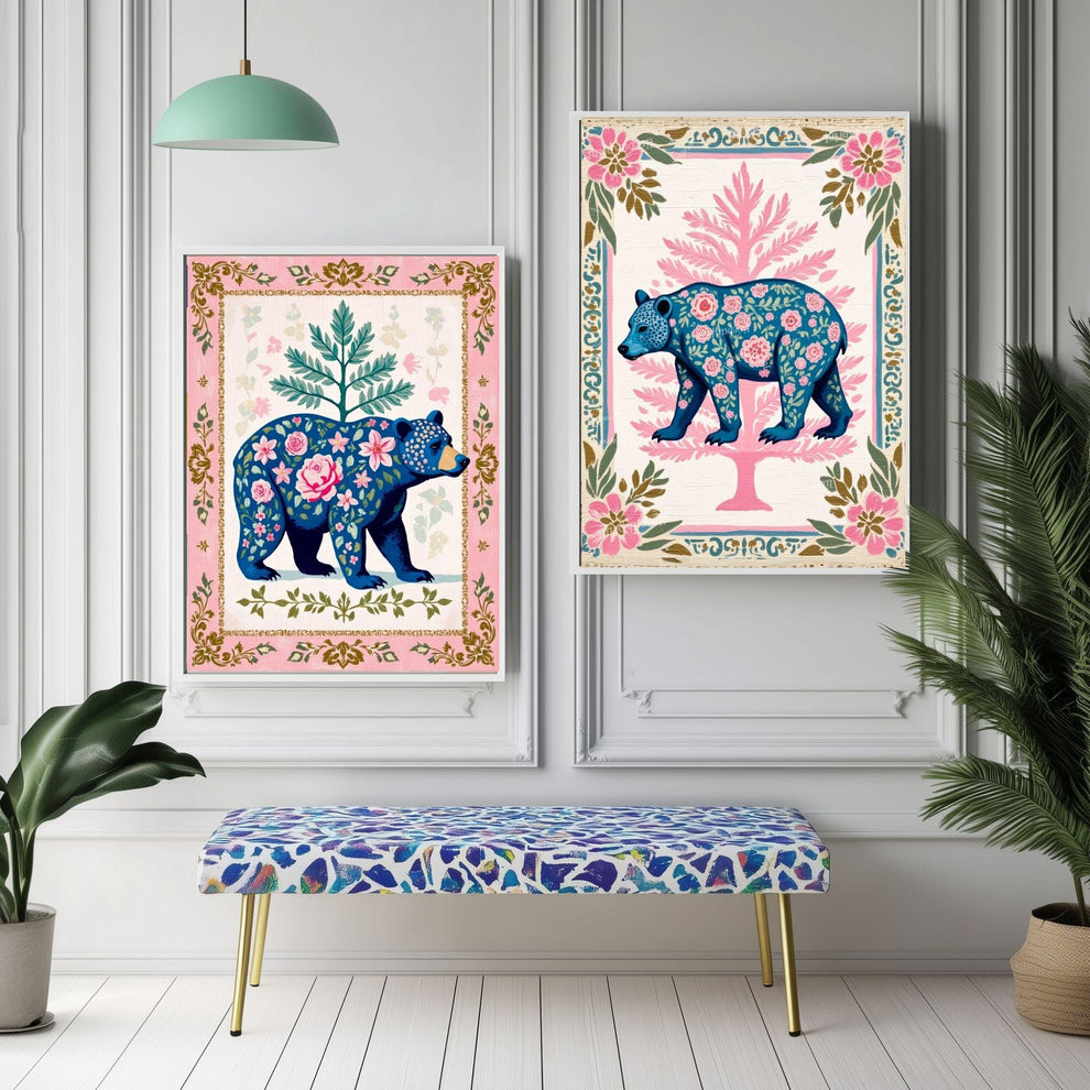 Boho Floral Bear Art Print Set – Pink and Blue Bear Art Modern Farmhouse Wall Art Woodland Animal Forest Wall Art Nursery Wall Decor Bear