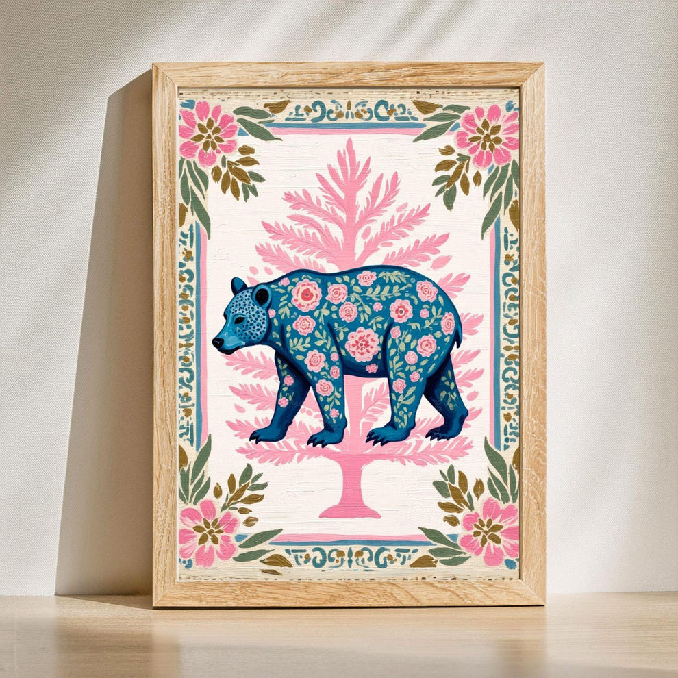 Boho Floral Bear Art Print Set – Pink and Blue Bear Art Modern Farmhouse Wall Art Woodland Animal Forest Wall Art Nursery Wall Decor Bear