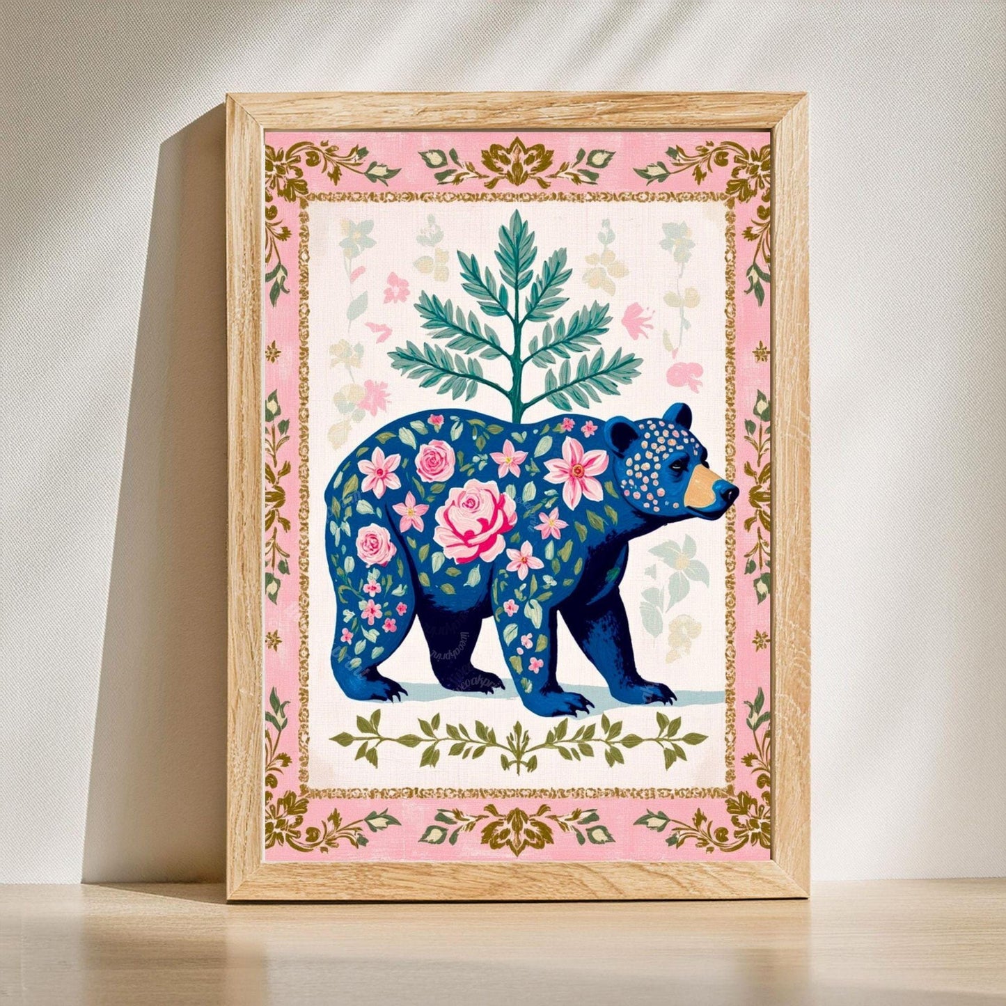 Boho Floral Bear Art Print Set – Pink and Blue Bear Art Modern Farmhouse Wall Art Woodland Animal Forest Wall Art Nursery Wall Decor Bear