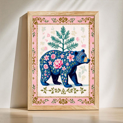 Boho Floral Bear Art Print Set – Pink and Blue Bear Art Modern Farmhouse Wall Art Woodland Animal Forest Wall Art Nursery Wall Decor Bear