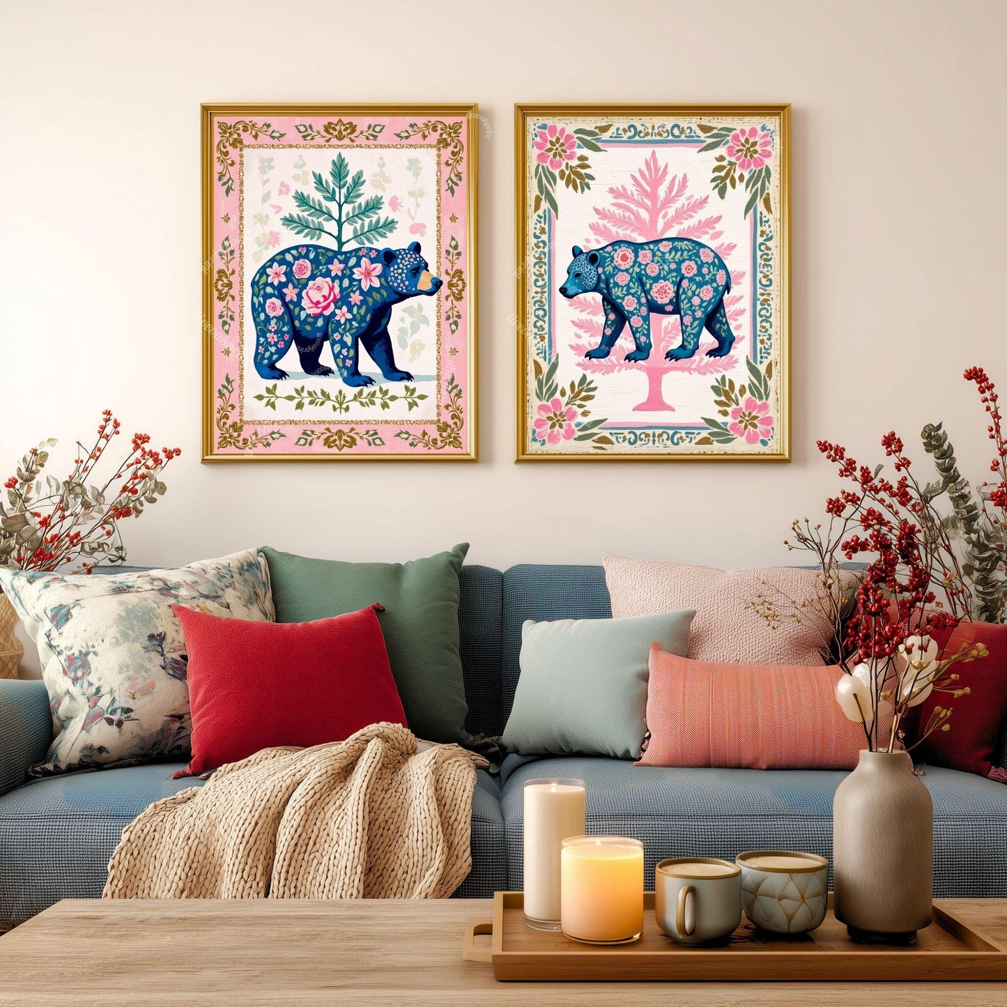 Boho Floral Bear Art Print Set – Pink and Blue Bear Art Modern Farmhouse Wall Art Woodland Animal Forest Wall Art Nursery Wall Decor Bear