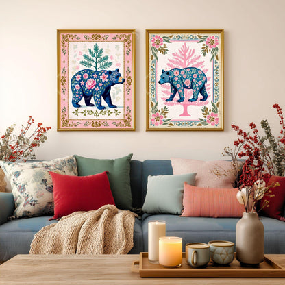 Boho Floral Bear Art Print Set – Pink and Blue Bear Art Modern Farmhouse Wall Art Woodland Animal Forest Wall Art Nursery Wall Decor Bear