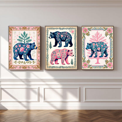 Set of Three Bear Art Prints - Forest Animals Three Print Set Pink and Blue Modern Rustic Decor Nursery Bear Prints Set Pink and Blue