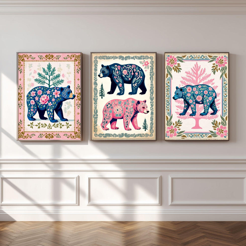 Set of Three Bear Art Prints - Forest Animals Three Print Set Pink and Blue Modern Rustic Decor Nursery Bear Prints Set Pink and Blue