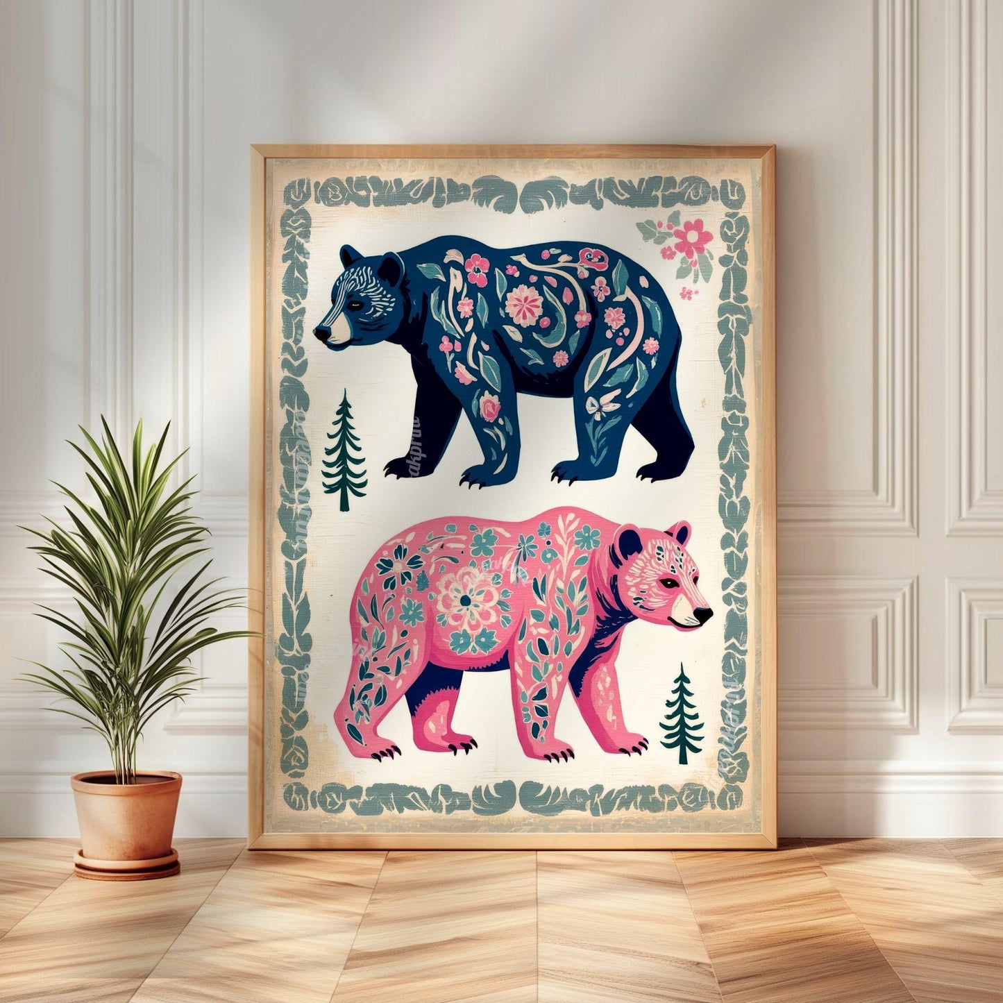 Set of Three Bear Art Prints - Forest Animals Three Print Set Pink and Blue Modern Rustic Decor Nursery Bear Prints Set Pink and Blue