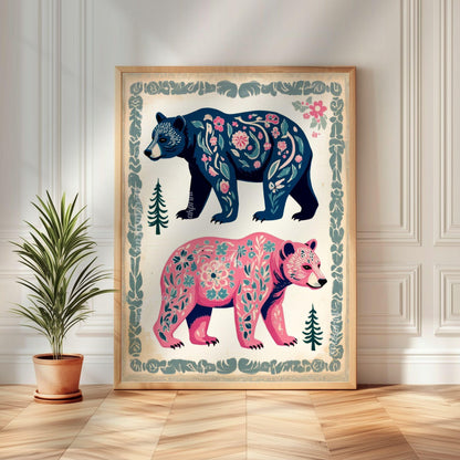 Set of Three Bear Art Prints - Forest Animals Three Print Set Pink and Blue Modern Rustic Decor Nursery Bear Prints Set Pink and Blue