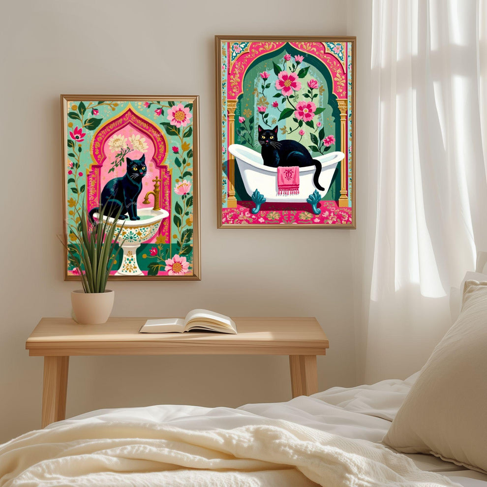 Black Cat Bathtub Print Grandmacore Bathroom Art - Pink Floral Powder Room Decor Cat Owner Gift Ideas