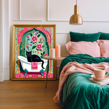 Black Cat Bathtub Print Grandmacore Bathroom Art - Pink Floral Powder Room Decor Cat Owner Gift Ideas