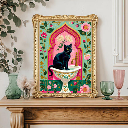 Black Cat Sink Art Print – Grandmacore Bathroom Decor, Pink Floral Powder Room Wall Art, Cat Lover Gift Ideas