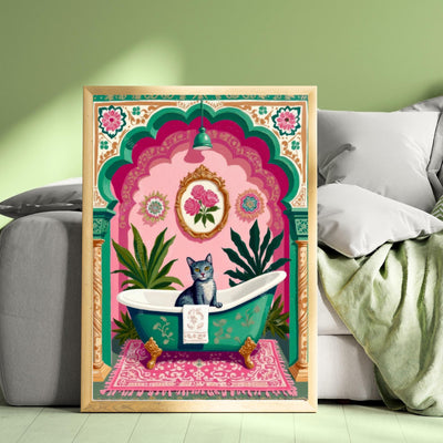 Gray Tabby Cat Bathtub Art Print – Grandmacore Bathroom Decor, Pink Floral Powder Room Wall Art, Cat Lover Gift Ideas 2026