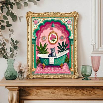 Gray Tabby Cat Bathtub Art Print – Grandmacore Bathroom Decor, Pink Floral Powder Room Wall Art, Cat Lover Gift Ideas 2026