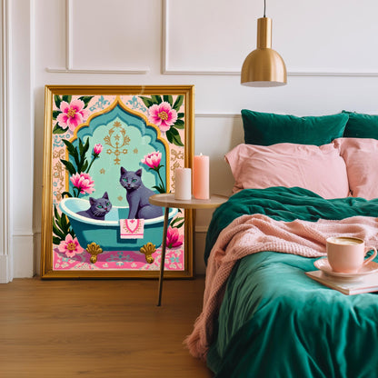 Two Russian Blue Cats Bathtub Art Print – Grandmacore Bathroom Wall Decor, Pink Floral Powder Room Wall Art, Cat Lover Gift