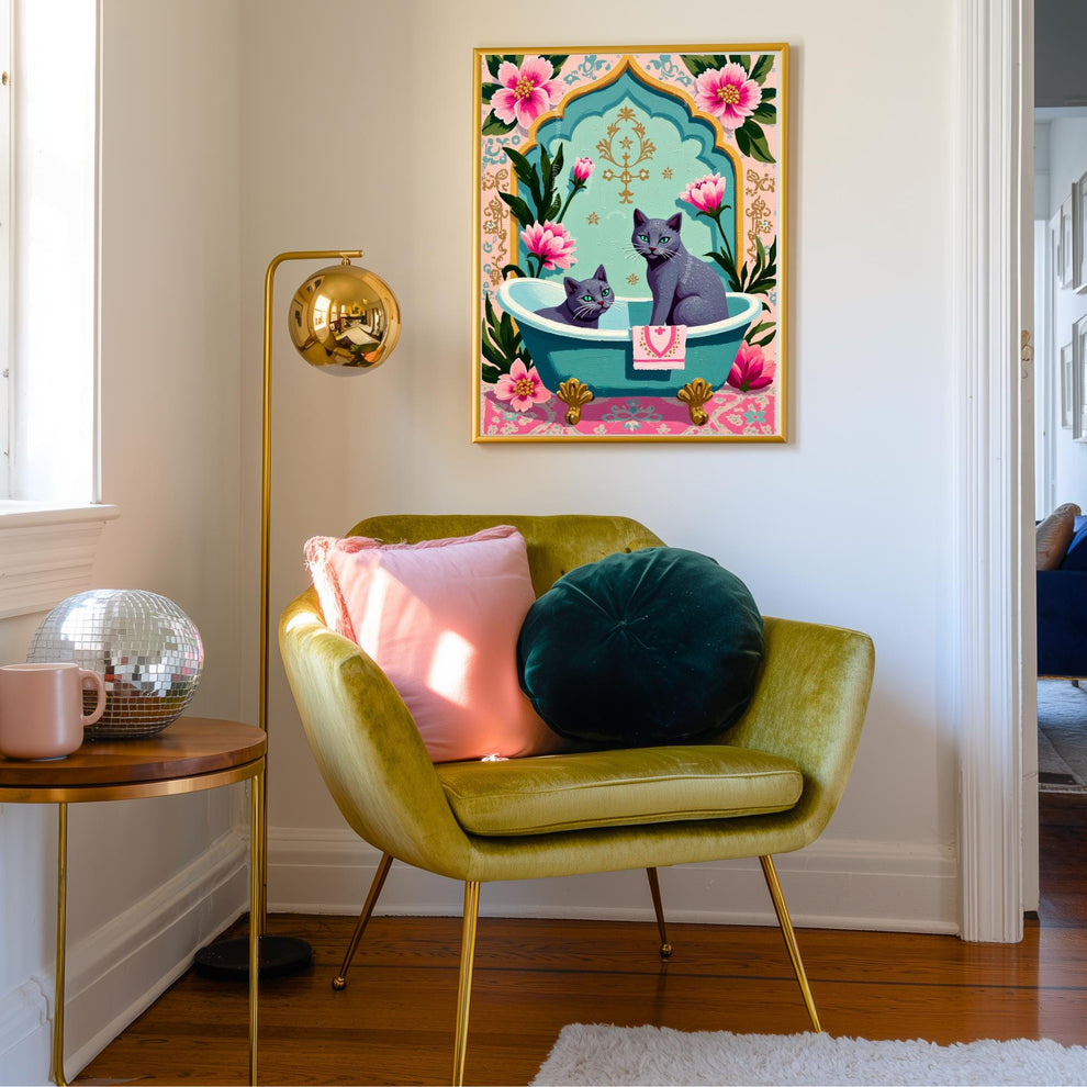 Two Russian Blue Cats Bathtub Art Print – Grandmacore Bathroom Wall Decor, Pink Floral Powder Room Wall Art, Cat Lover Gift