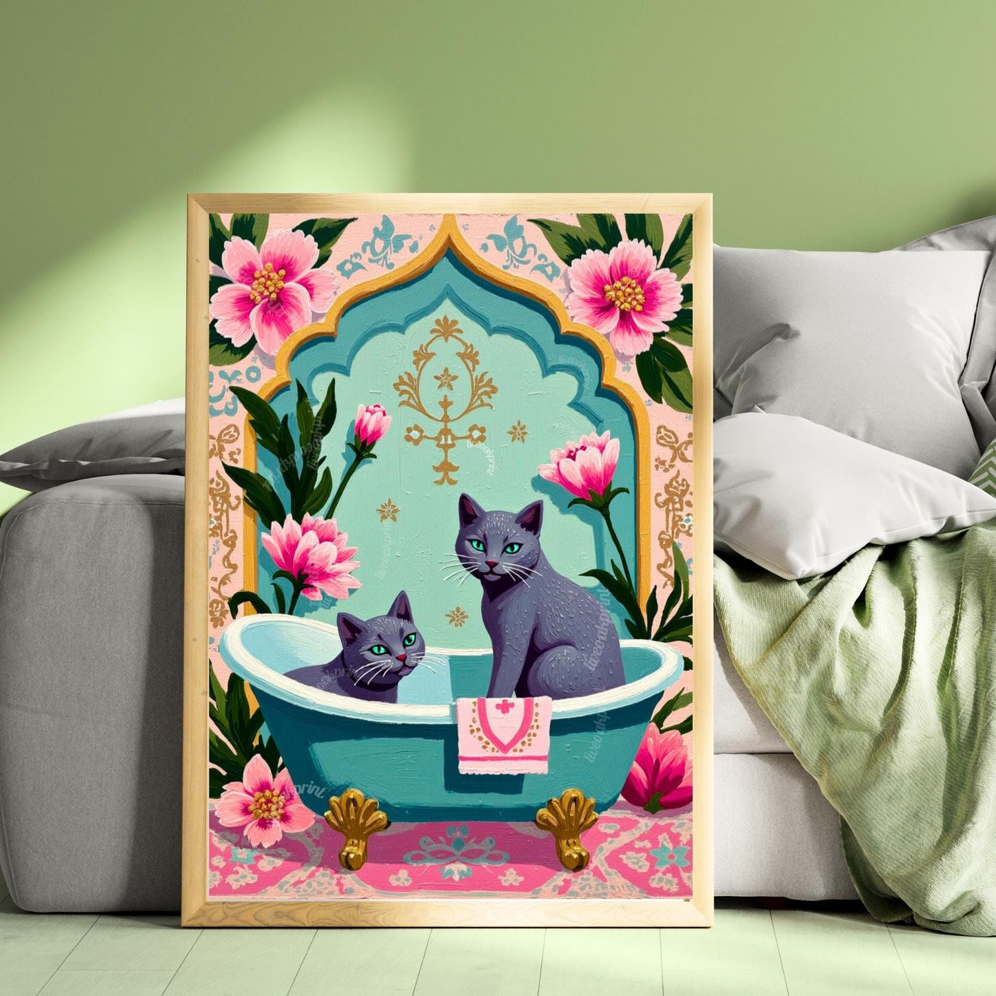 Two Russian Blue Cats Bathtub Art Print – Grandmacore Bathroom Wall Decor, Pink Floral Powder Room Wall Art, Cat Lover Gift