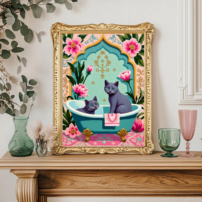 Two Russian Blue Cats Bathtub Art Print – Grandmacore Bathroom Wall Decor, Pink Floral Powder Room Wall Art, Cat Lover Gift