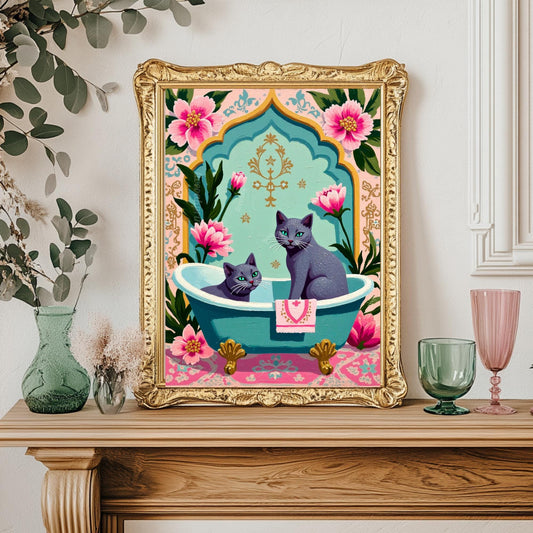 Two Russian Blue Cats Bathtub Art Print – Grandmacore Bathroom Wall Decor, Pink Floral Powder Room Wall Art, Cat Lover Gift