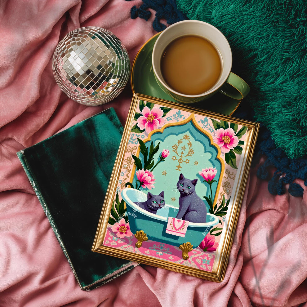 Two Russian Blue Cats Bathtub Art Print – Grandmacore Bathroom Wall Decor, Pink Floral Powder Room Wall Art, Cat Lover Gift