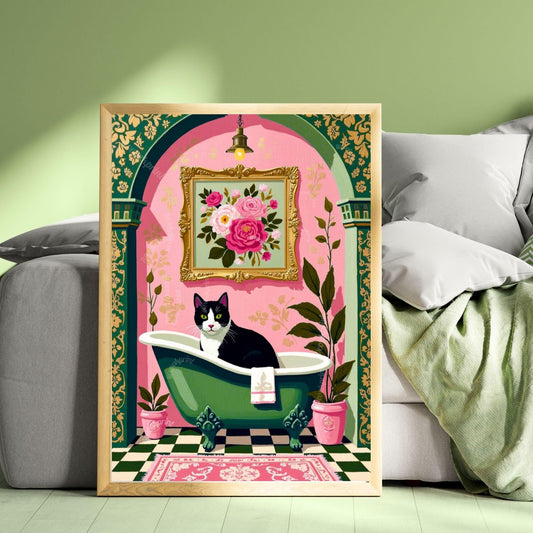 Tuxedo Cat Bathroom Art Print – Grandmacore Powder Room Decor, Pink Floral Cat Wall Art, Cat Lover Gift 2026