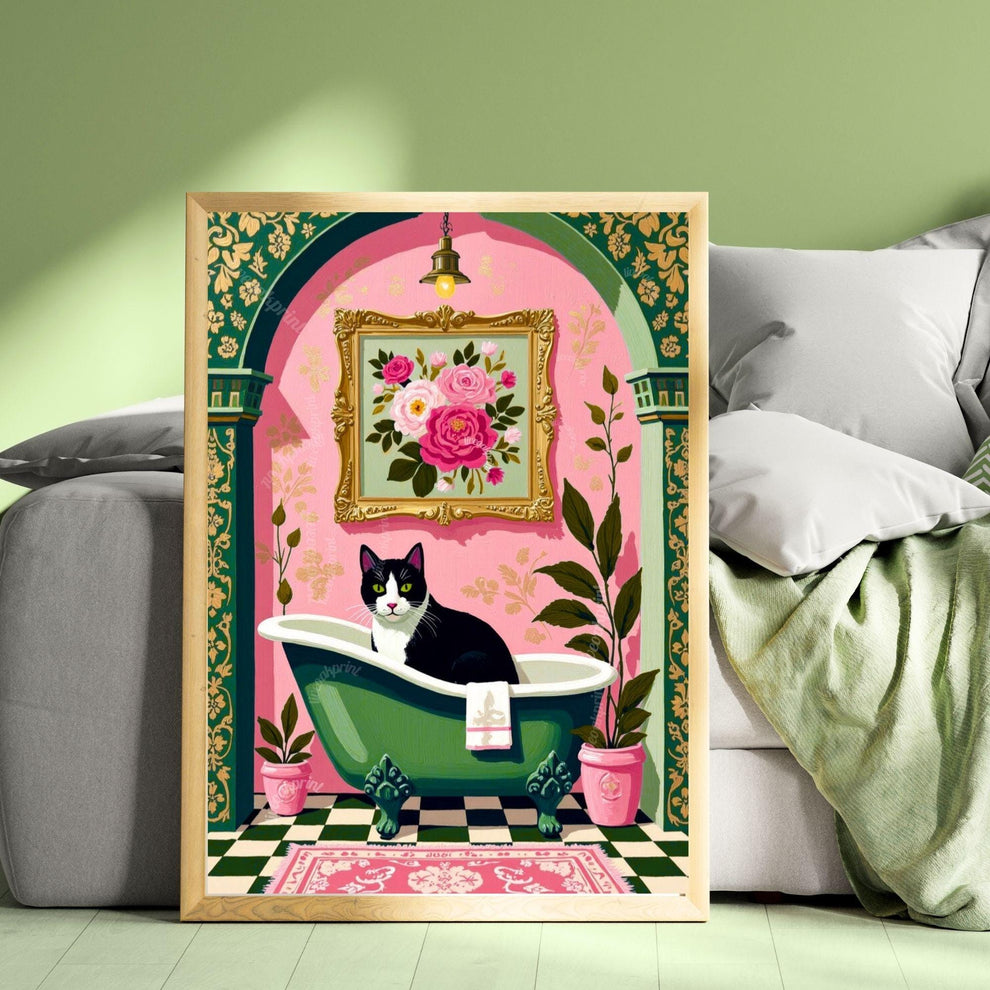 Tuxedo Cat Bathroom Art Print – Grandmacore Powder Room Decor, Pink Floral Cat Wall Art, Cat Lover Gift 2026