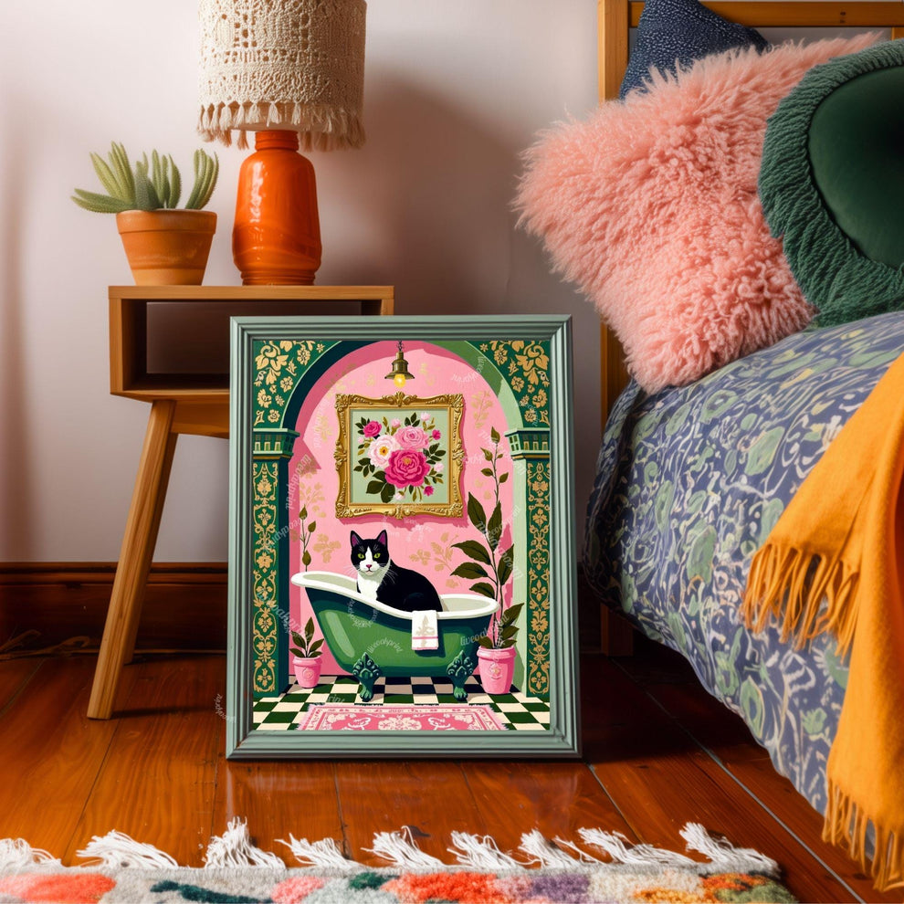 Tuxedo Cat Bathroom Art Print – Grandmacore Powder Room Decor, Pink Floral Cat Wall Art, Cat Lover Gift 2026