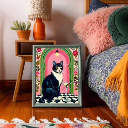 Tuxedo Cat Martini Art Print – Grandmacore Bar & Bathroom Wall Decor, Pink Floral Cat Illustration, Cat Lover Gift