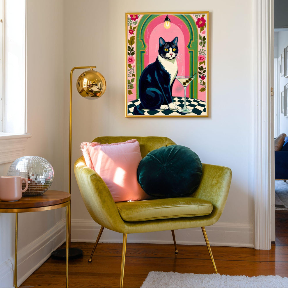 Tuxedo Cat Martini Art Print – Grandmacore Bar & Bathroom Wall Decor, Pink Floral Cat Illustration, Cat Lover Gift