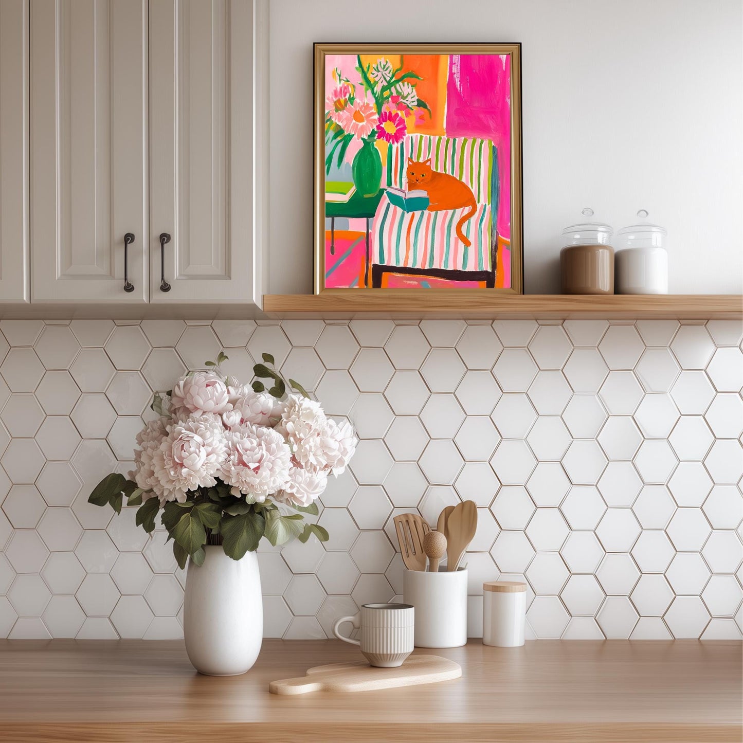 Orange Cat Reading Print – Orange Cat Wall Art Ginger Cat Cozy Reading Nook Decor Orange Cat Gift for Book Lovers Dopamine Bookish Wall Art