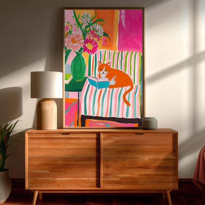 Orange and White Cat Reading Print – Orange Cat Wall Art Ginger Cat Cozy Reading Nook Decor Orange and White Cat Gift for Book Lovers