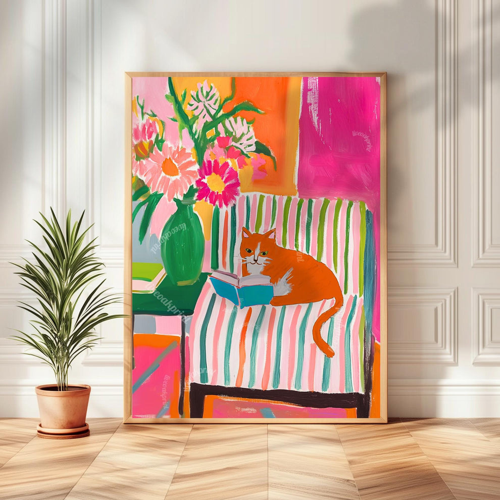 Orange and White Cat Reading Print – Orange Cat Wall Art Ginger Cat Cozy Reading Nook Decor Orange and White Cat Gift for Book Lovers