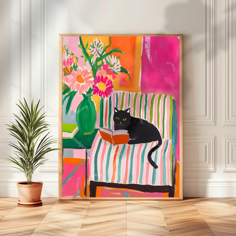 Black Cat Reading Print – Black Cat Wall Art Cozy Reading Nook Decor Black Cat Gift for Book Lovers Dopamine Bookish Wall Art