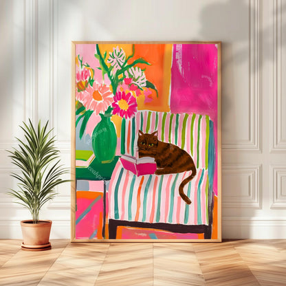 Brown Tabby Cat Reading Print – Brown Tabby Wall Art Cozy Reading Nook Decor Tabby Cat Gift for Book Lovers Dopamine Bookish Wall Art