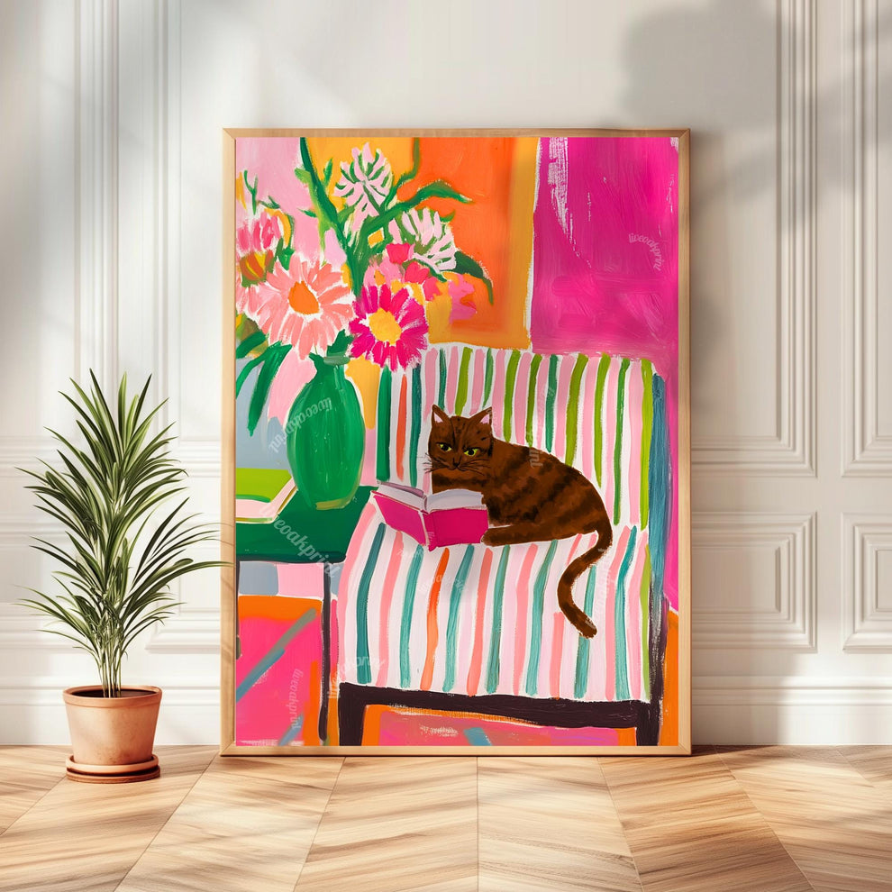 Brown Tabby Cat Reading Print – Brown Tabby Wall Art Cozy Reading Nook Decor Tabby Cat Gift for Book Lovers Dopamine Bookish Wall Art