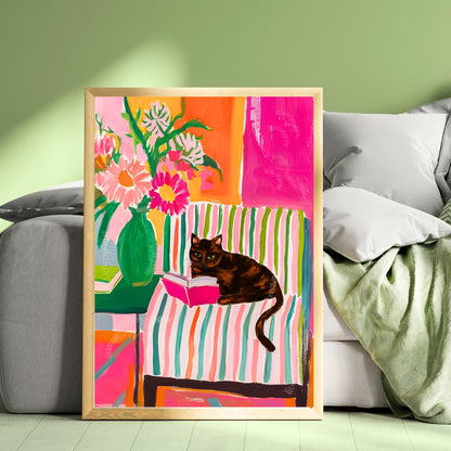 Tortoiseshell Cat Reading Print – Tortie Cat Wall Art Cozy Reading Nook Decor Tortoiseshell Cat Gift for Book Lovers Dopamine Cat Decor